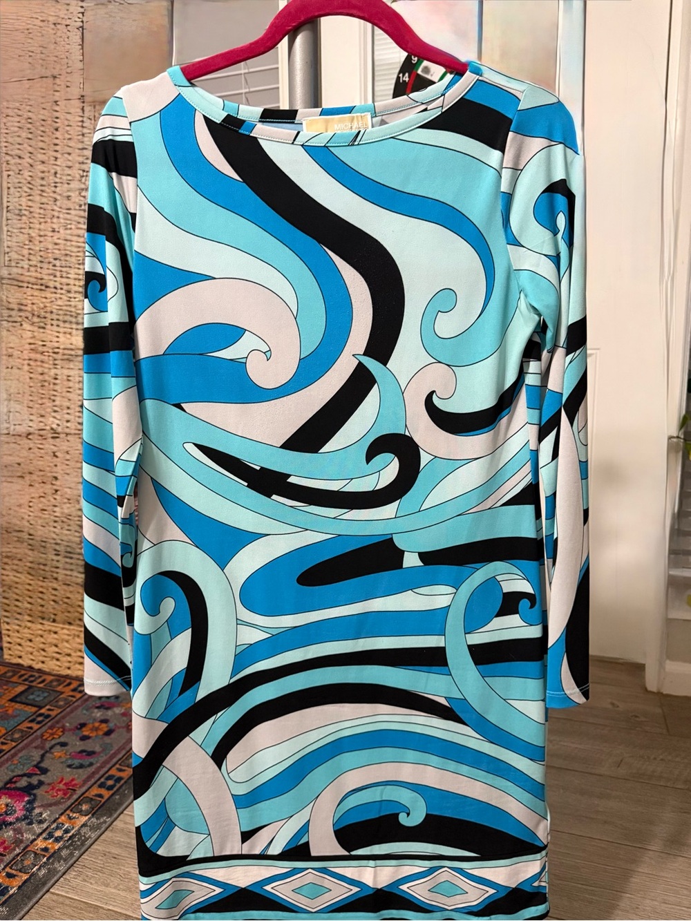 Michael Kors Turquoise and Black Wave-Print Mini Dress